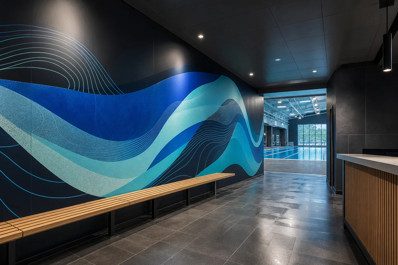 Concept visual of poolside wall graphics in an aquatic centre